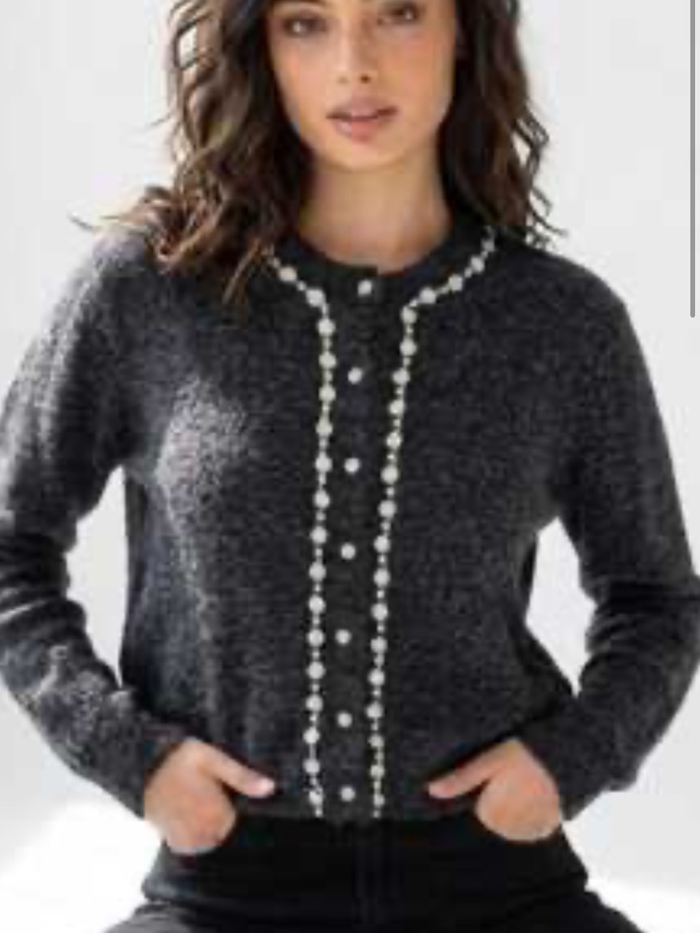 Maeve Charcoal Sweater Cardigan with Pearl Trim